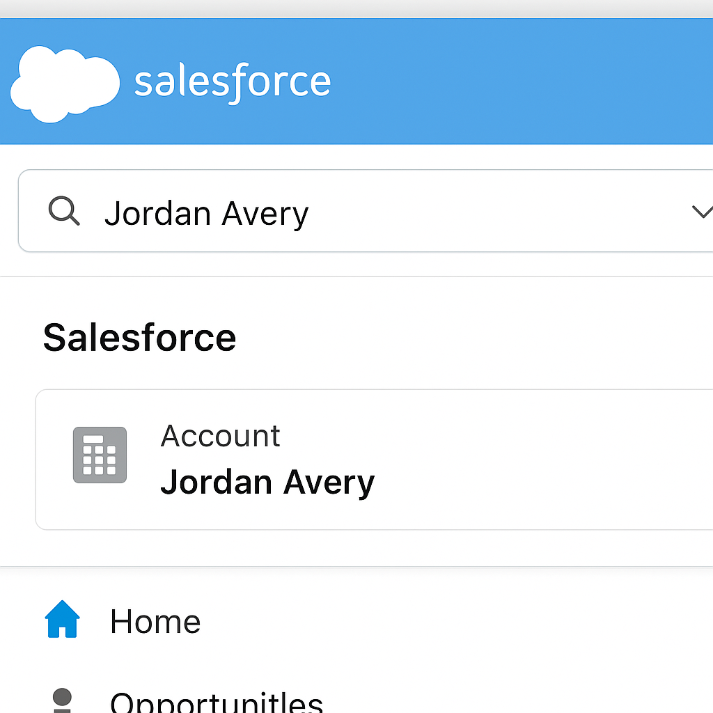 Salesforce global search bar with a customer account result selected