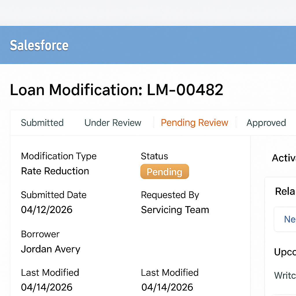 Salesforce Loan Modification record showing a Pending Review status path and detail fields