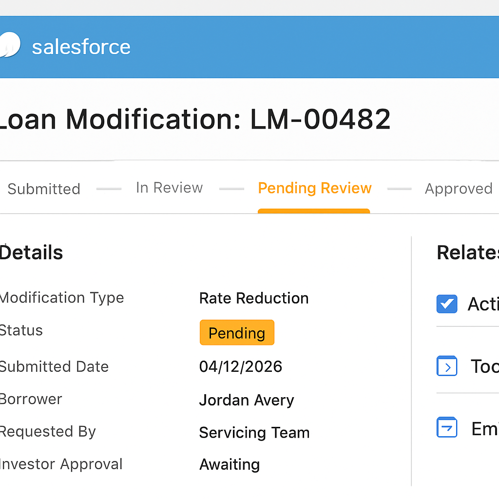 Salesforce Loan Modification record showing a Pending Review status path and detail fields